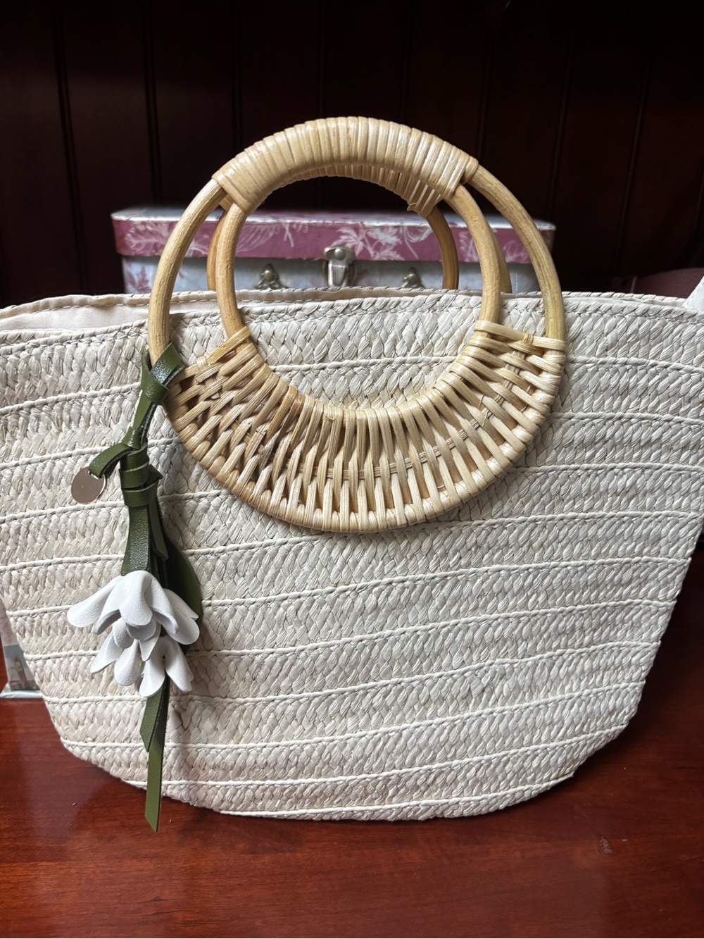 Woven Straw Tote Bag with Circular Bamboo Handles - removable strap